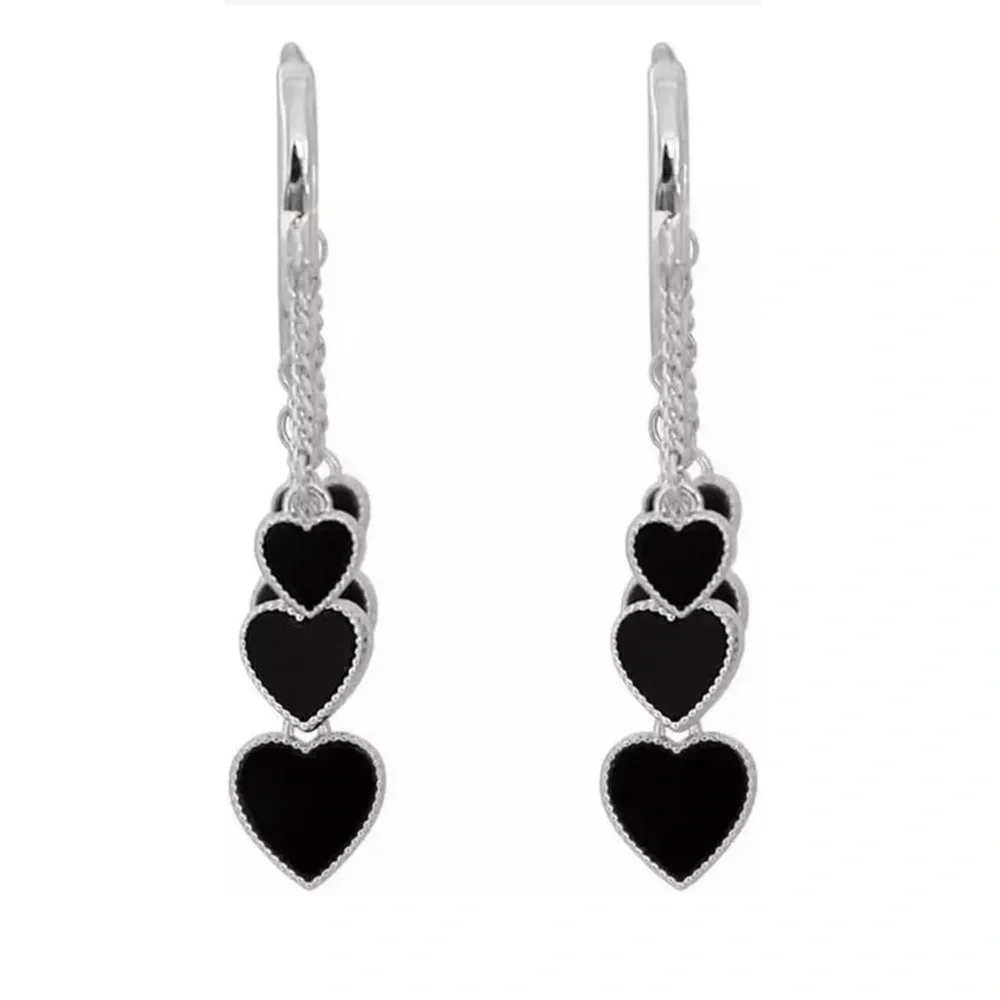 Black Heart Tassel Hoop Silver Dangle Hearts Earrings NWT - Picture 3 of 7